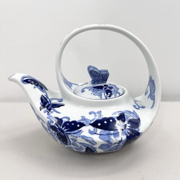 Pier 1 Imports Unique Blue White Hand Painted Porcelain Butterfly Tea Pot - Picture 1 of 10